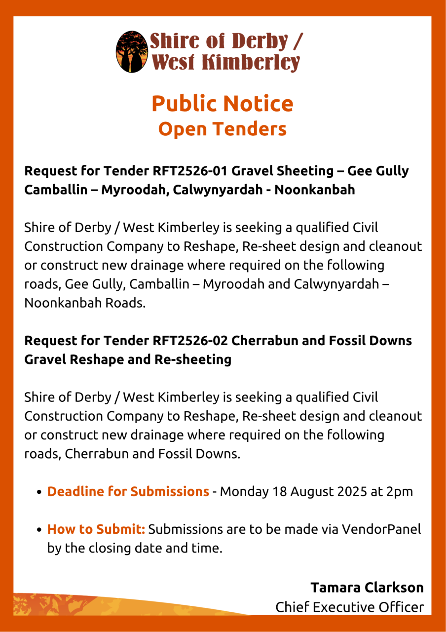 Notice of Tender - RFT2526-01 Gravel Sheeting – Gee Gully Camballin –