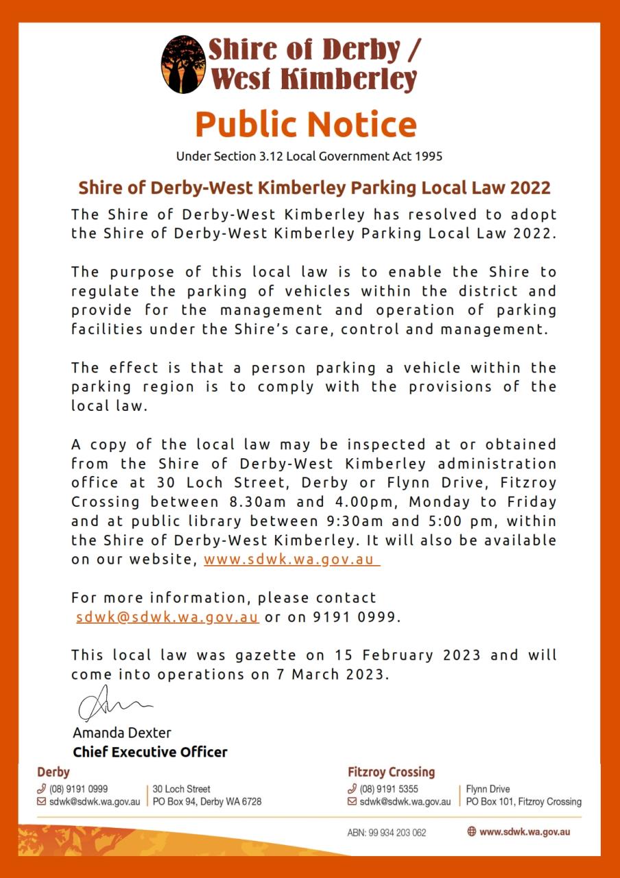 Public Notice - Shire of Derby/West Kimberley Parking Local Law 2022