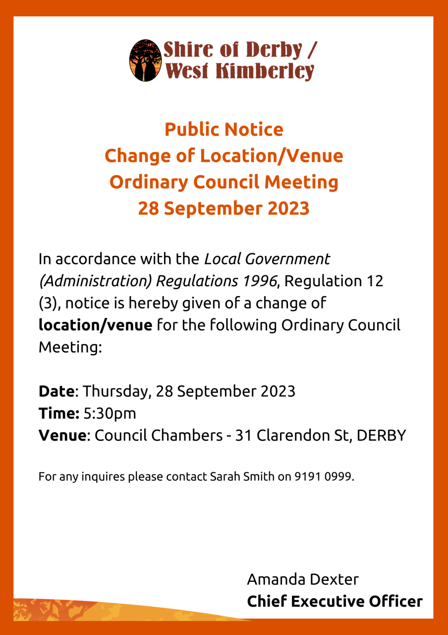 Public Notice – Change of Location/Venue – Ordinary Council Meeting – 28