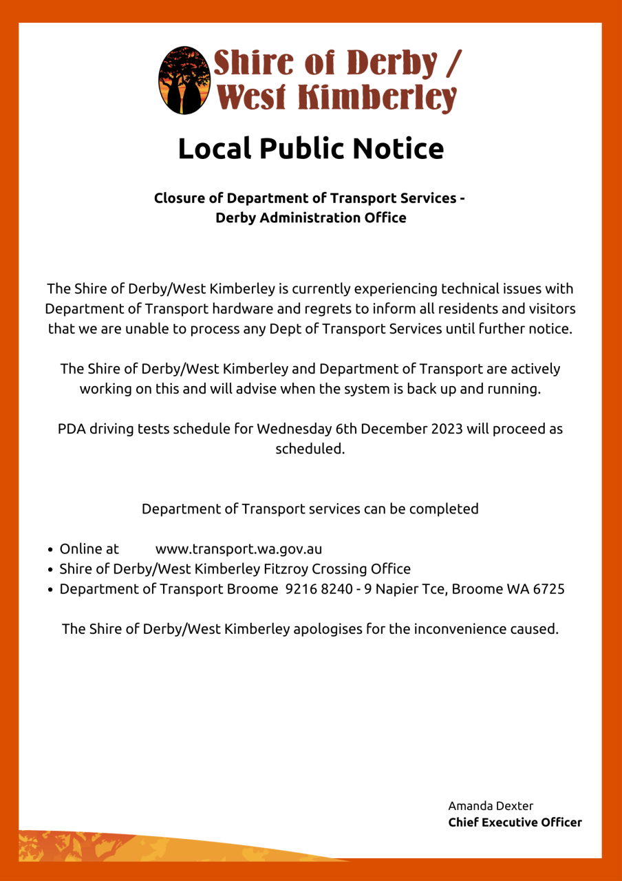 Department of Transport Services – Temporarily suspended at Shire of
