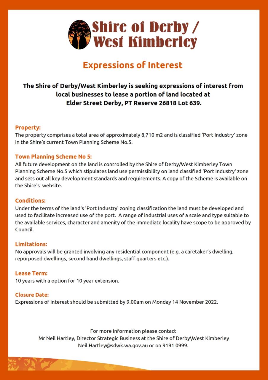 Expressions of Interest – Elder Street, Derby, PT Reserve 26818, Lot 639.