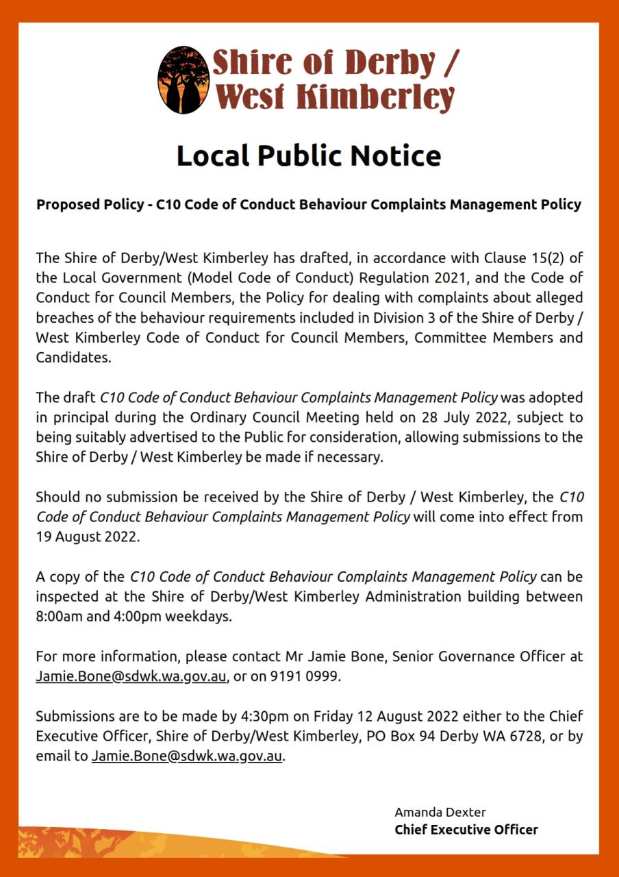 Public Notice - Proposed Policy - C10 Code of Conduct Behaviour