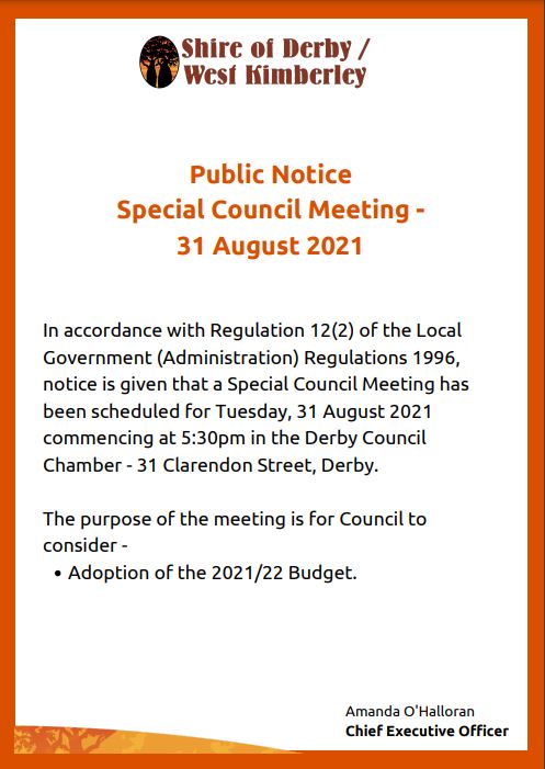 Public Notice Special Council Meeting - 31 August 2021