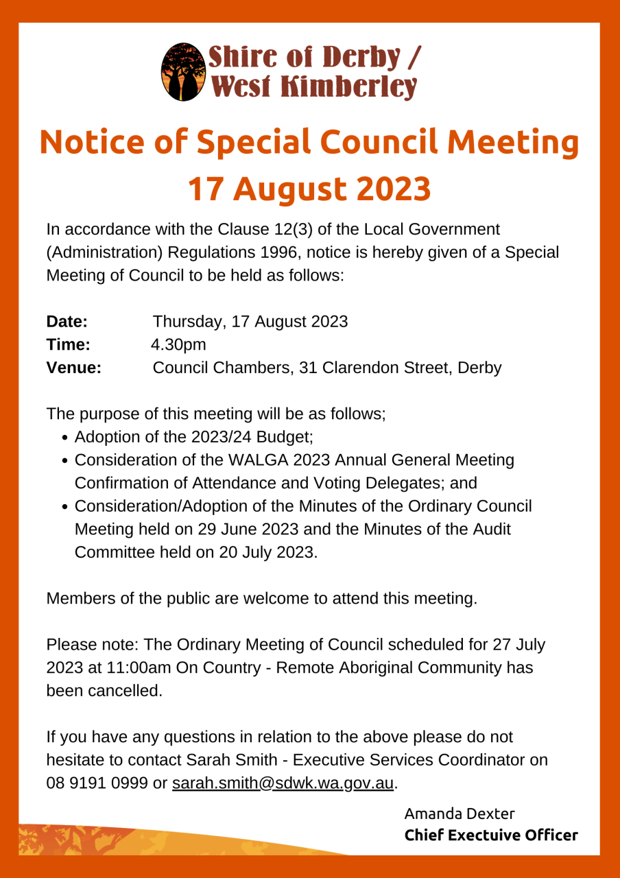Public Notice – Special Council Meeting – 17 August 2023