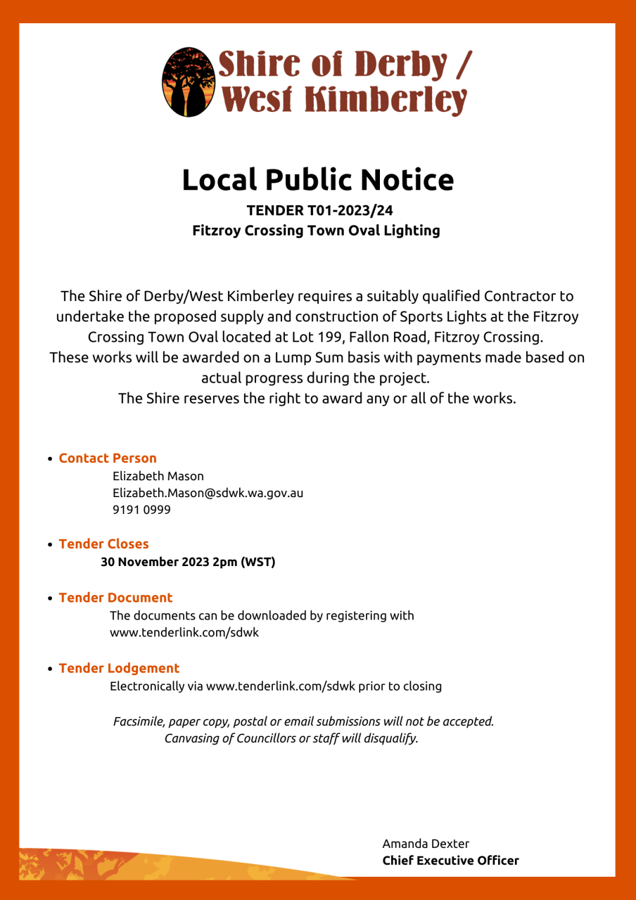 Public Notice - T01-2023/24 Fitzroy Crossing Town Oval Lighting