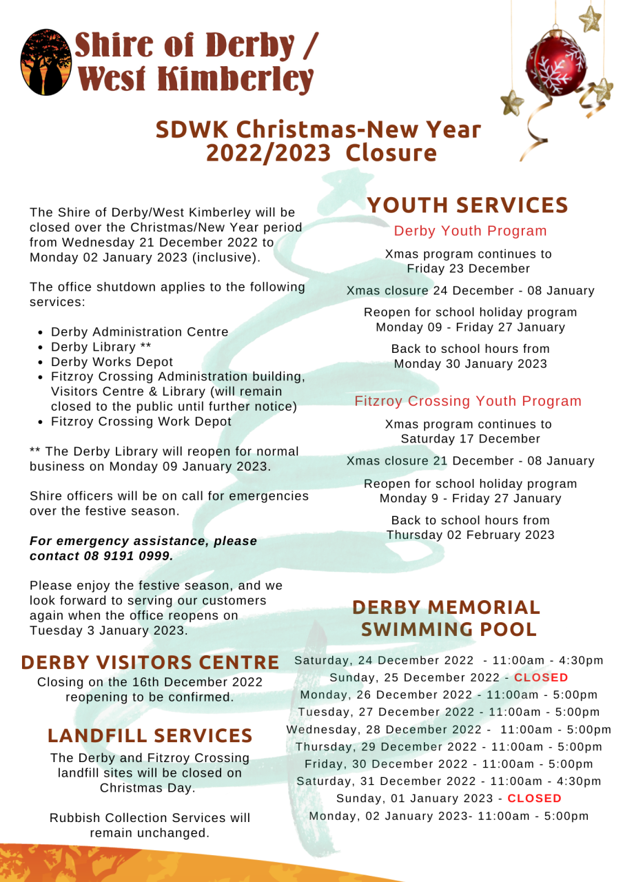 Shire of Derby / West Kimberley 2022 Christmas Closure
