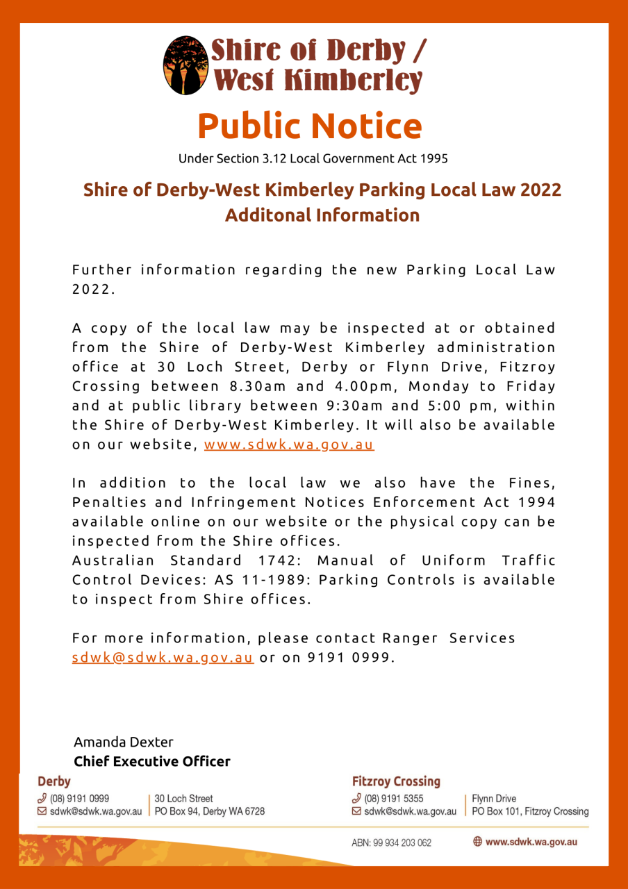 Public Notice - Shire of Derby/West Kimberley Parking Local Law 2022
