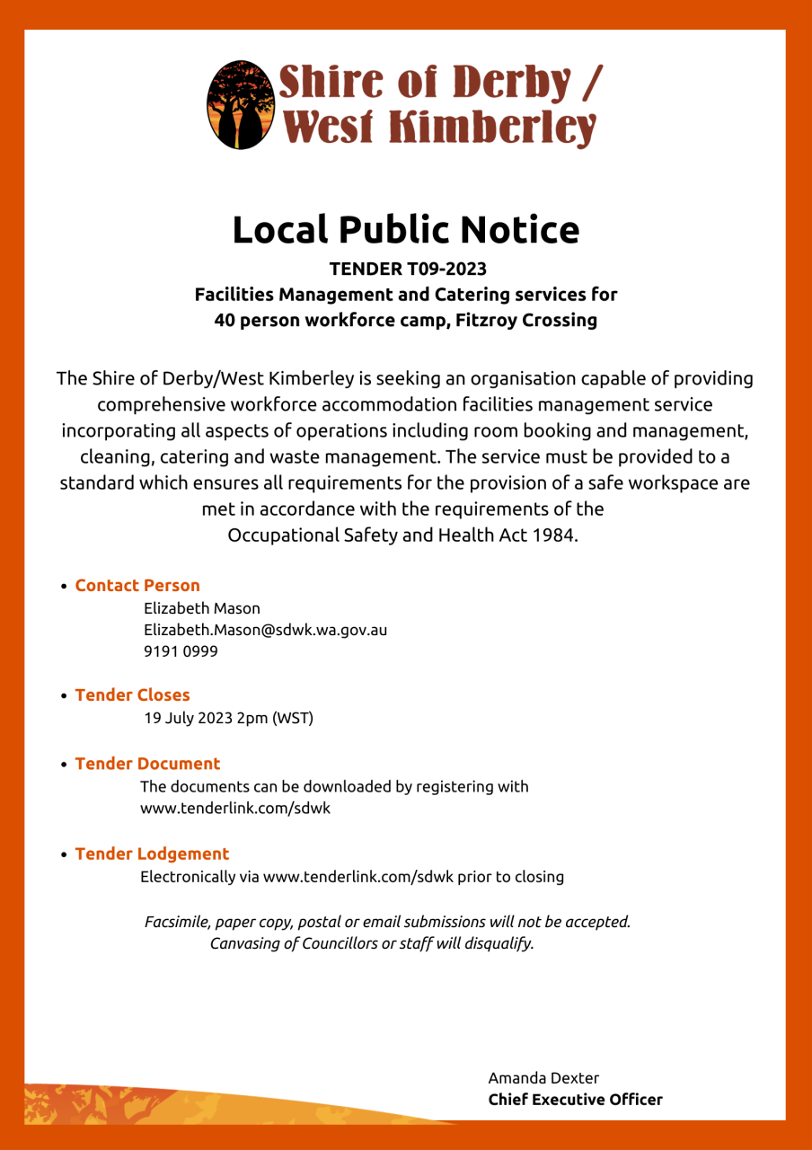 Public Notice - Tender T09/2023 Facilities Management and Catering