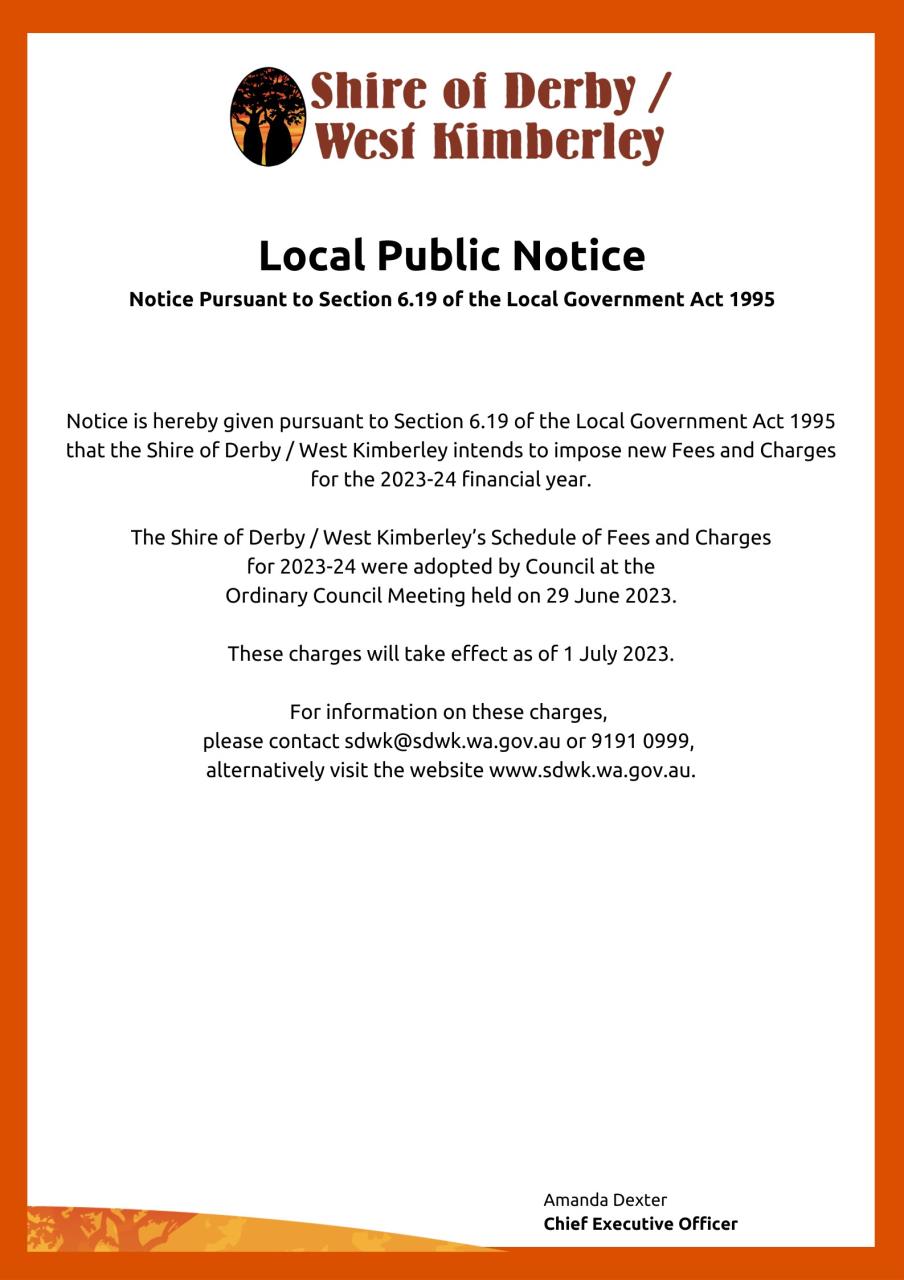 Public Notice - Shire of Derby/West Kimberley 2023-24 Fees and Charges