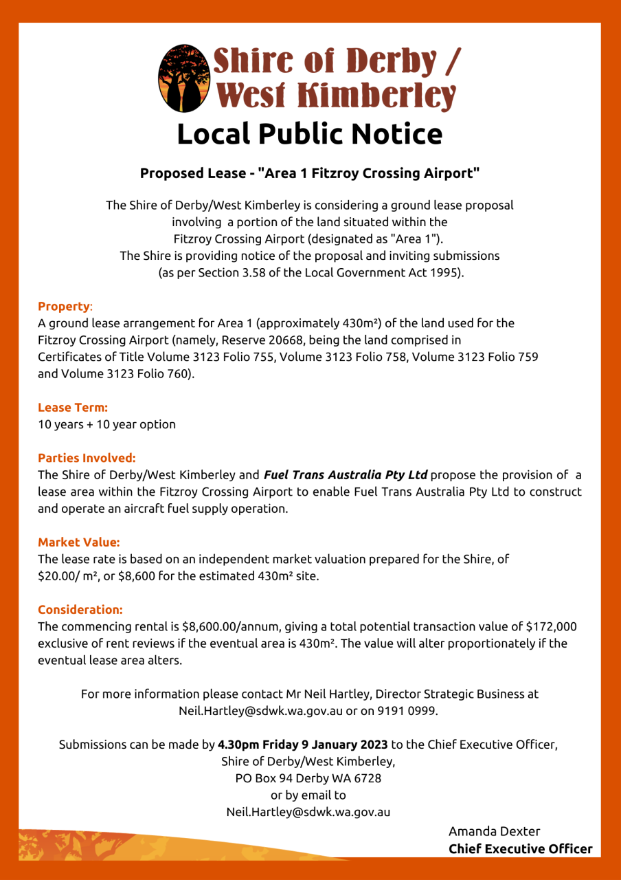 Public Notice - Proposed Lease - Area 1 Fitzroy Crossing Airport