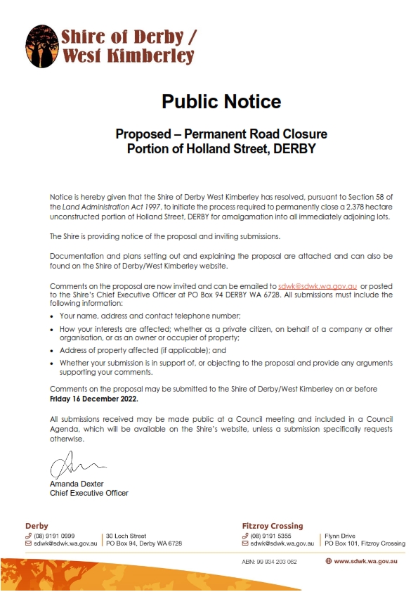 Public Notice - Proposed Permanent Road Closure, Portion of Holland