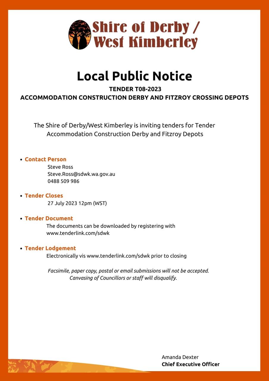 Public Notice - Tender T08-2023 Accommodation Construction Derby and